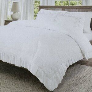 3pc Rachel Zoe White Ruffle Eyelet Lace KING Duvet Cover Sham Set Cotton Cottage